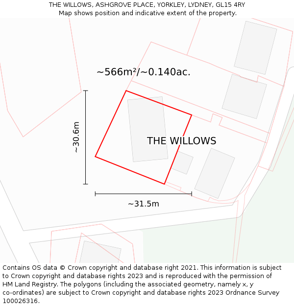 THE WILLOWS, ASHGROVE PLACE, YORKLEY, LYDNEY, GL15 4RY: Plot and title map