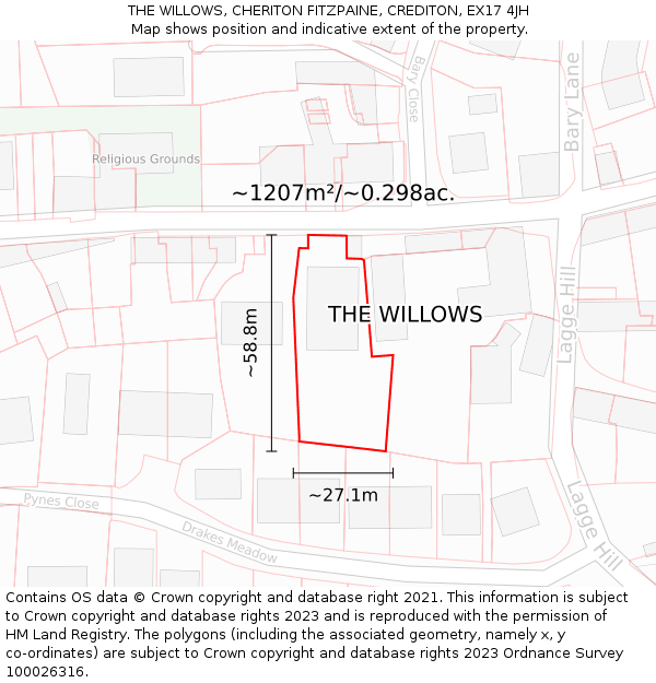 THE WILLOWS, CHERITON FITZPAINE, CREDITON, EX17 4JH: Plot and title map