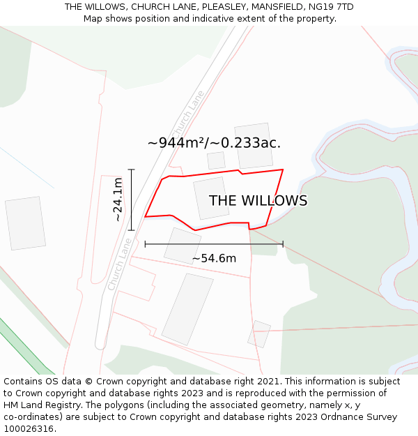 THE WILLOWS, CHURCH LANE, PLEASLEY, MANSFIELD, NG19 7TD: Plot and title map
