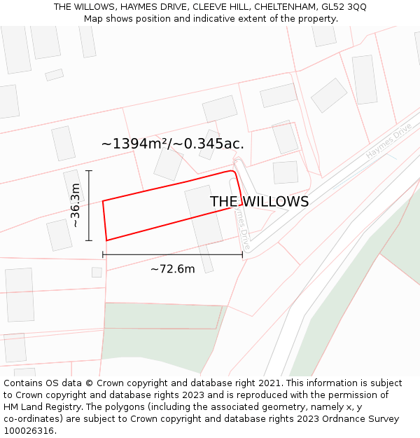 THE WILLOWS, HAYMES DRIVE, CLEEVE HILL, CHELTENHAM, GL52 3QQ: Plot and title map