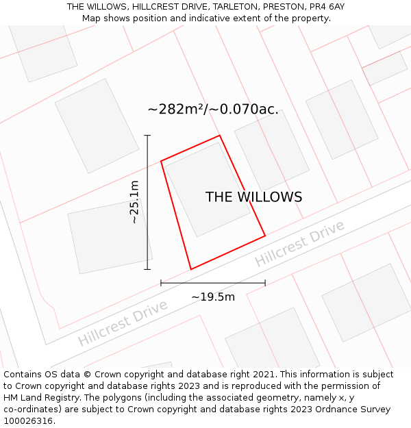 THE WILLOWS, HILLCREST DRIVE, TARLETON, PRESTON, PR4 6AY: Plot and title map
