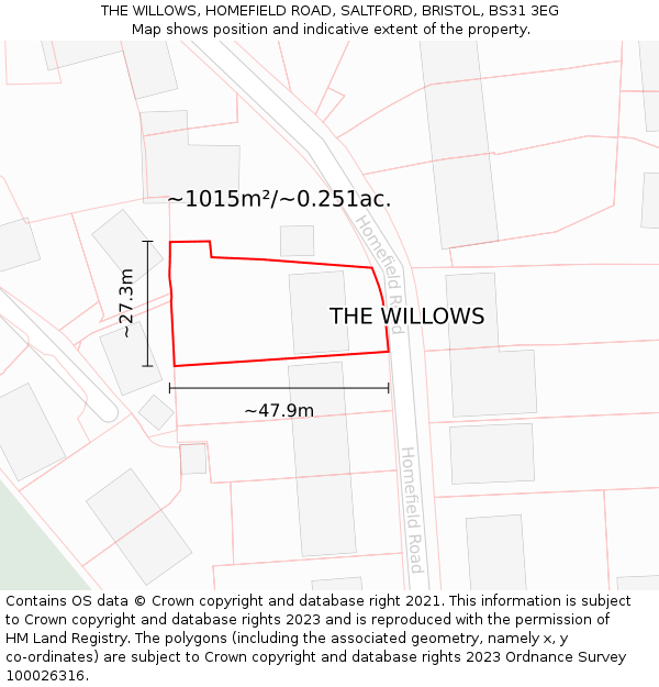 THE WILLOWS, HOMEFIELD ROAD, SALTFORD, BRISTOL, BS31 3EG: Plot and title map