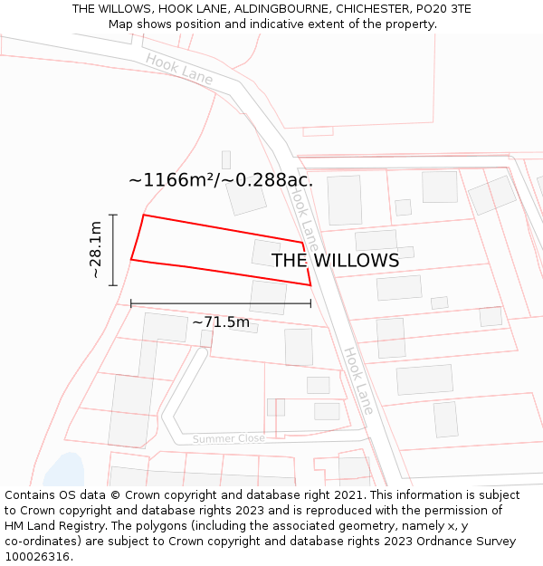 THE WILLOWS, HOOK LANE, ALDINGBOURNE, CHICHESTER, PO20 3TE: Plot and title map