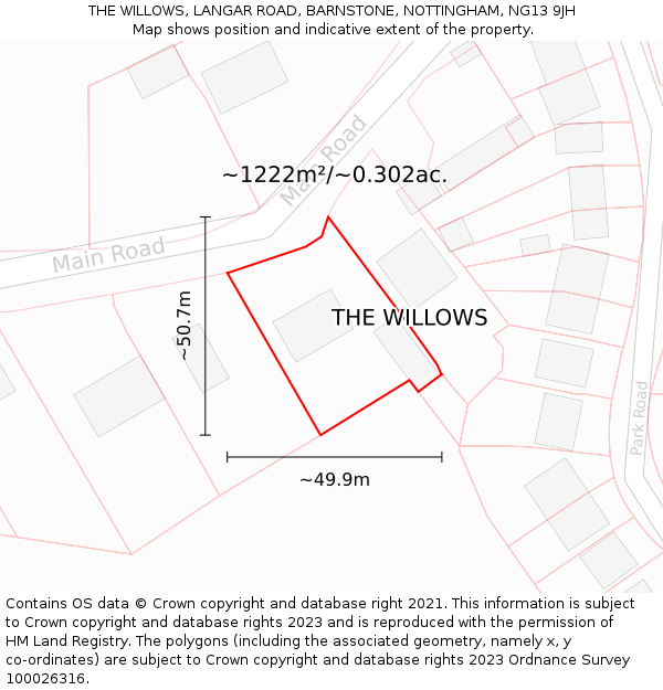 THE WILLOWS, LANGAR ROAD, BARNSTONE, NOTTINGHAM, NG13 9JH: Plot and title map