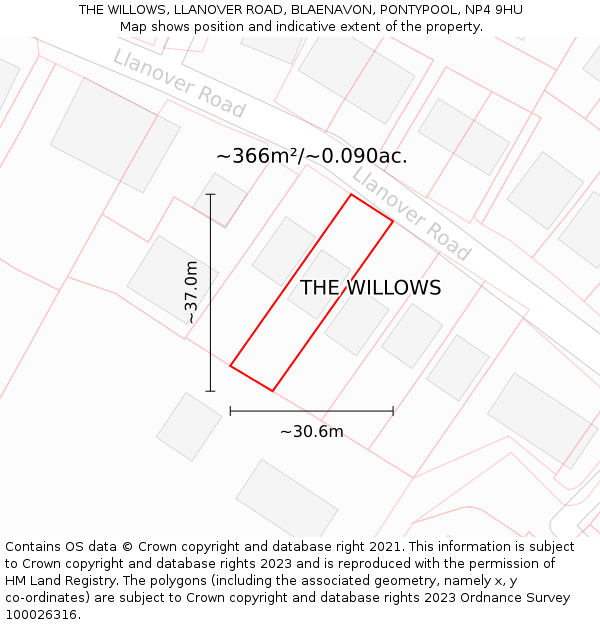 THE WILLOWS, LLANOVER ROAD, BLAENAVON, PONTYPOOL, NP4 9HU: Plot and title map