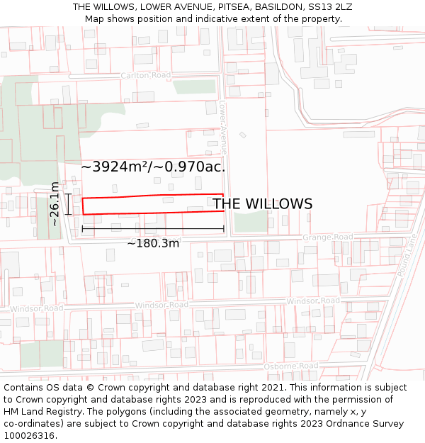 THE WILLOWS, LOWER AVENUE, PITSEA, BASILDON, SS13 2LZ: Plot and title map