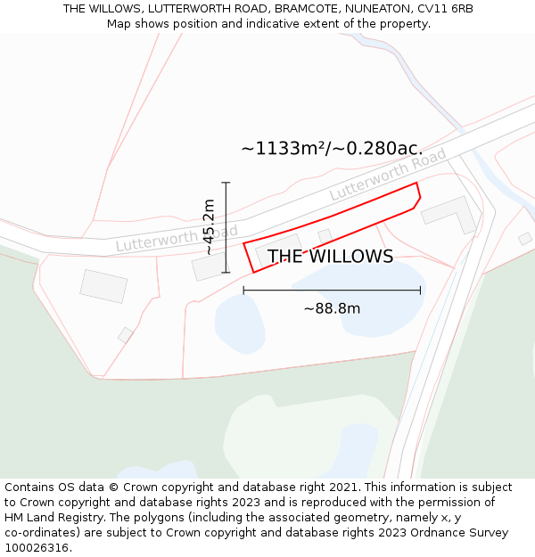 THE WILLOWS, LUTTERWORTH ROAD, BRAMCOTE, NUNEATON, CV11 6RB: Plot and title map