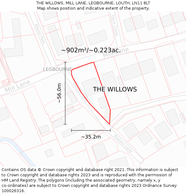 THE WILLOWS, MILL LANE, LEGBOURNE, LOUTH, LN11 8LT: Plot and title map