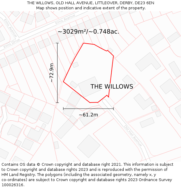 THE WILLOWS, OLD HALL AVENUE, LITTLEOVER, DERBY, DE23 6EN: Plot and title map