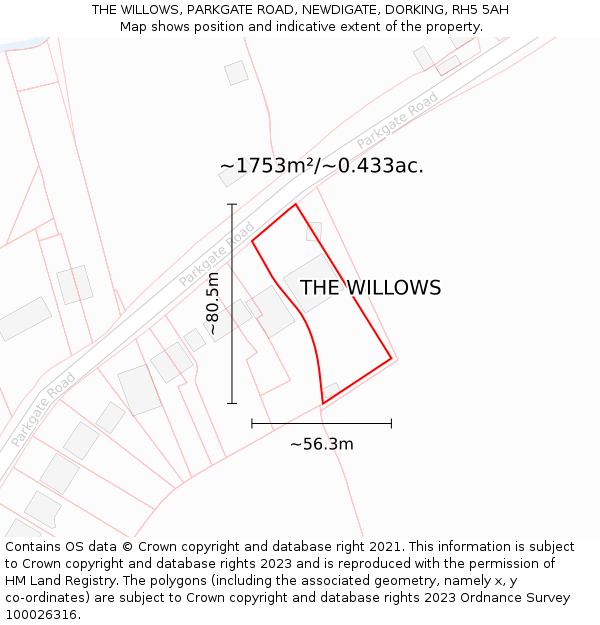 THE WILLOWS, PARKGATE ROAD, NEWDIGATE, DORKING, RH5 5AH: Plot and title map