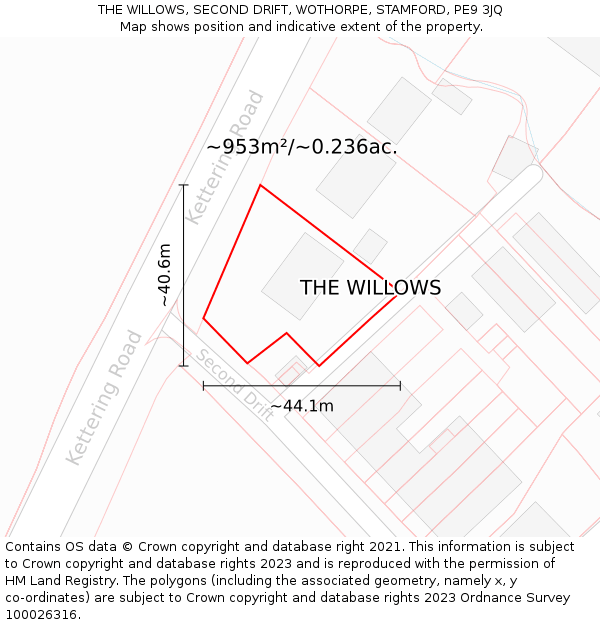 THE WILLOWS, SECOND DRIFT, WOTHORPE, STAMFORD, PE9 3JQ: Plot and title map