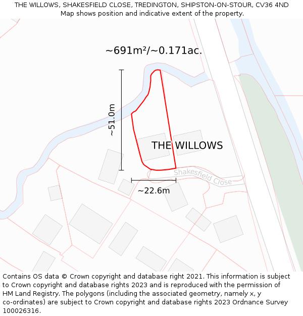 THE WILLOWS, SHAKESFIELD CLOSE, TREDINGTON, SHIPSTON-ON-STOUR, CV36 4ND: Plot and title map