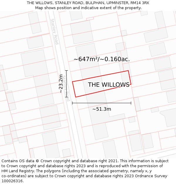 THE WILLOWS, STANLEY ROAD, BULPHAN, UPMINSTER, RM14 3RX: Plot and title map