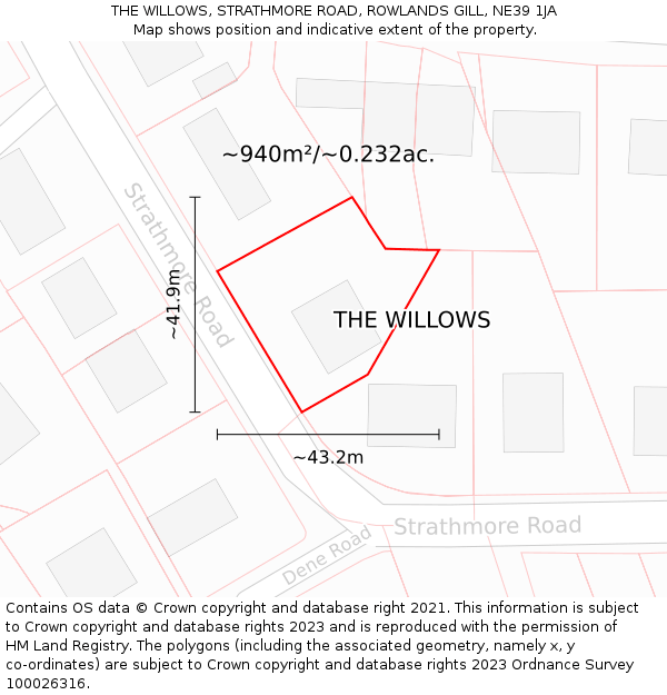 THE WILLOWS, STRATHMORE ROAD, ROWLANDS GILL, NE39 1JA: Plot and title map
