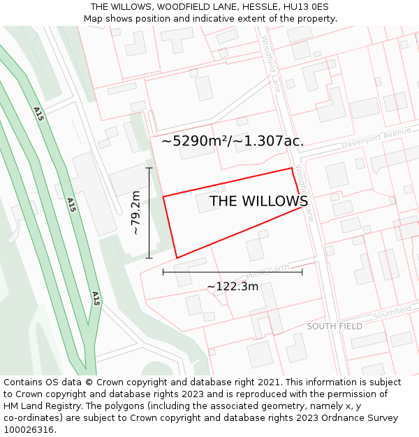THE WILLOWS, WOODFIELD LANE, HESSLE, HU13 0ES: Plot and title map