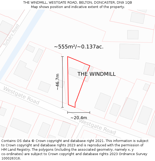 THE WINDMILL, WESTGATE ROAD, BELTON, DONCASTER, DN9 1QB: Plot and title map