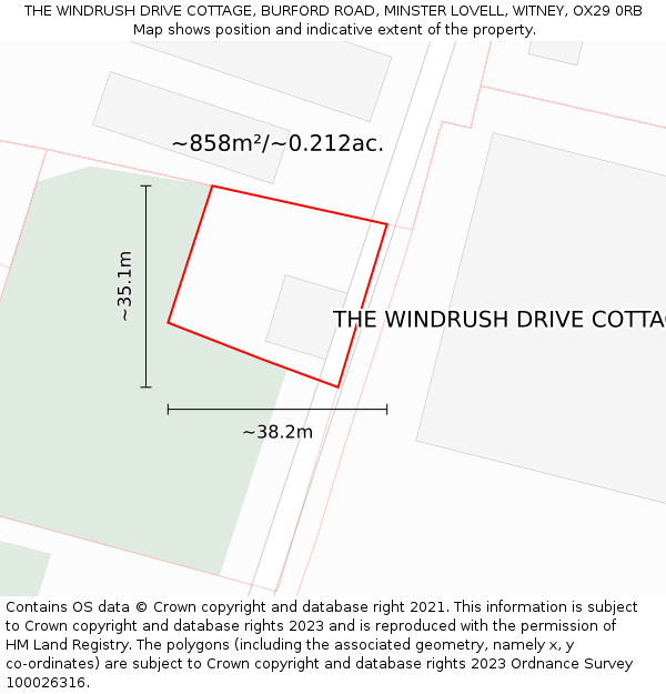 THE WINDRUSH DRIVE COTTAGE, BURFORD ROAD, MINSTER LOVELL, WITNEY, OX29 0RB: Plot and title map