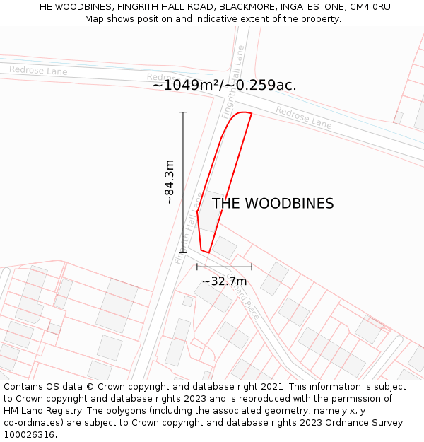 THE WOODBINES, FINGRITH HALL ROAD, BLACKMORE, INGATESTONE, CM4 0RU: Plot and title map