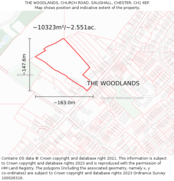 THE WOODLANDS, CHURCH ROAD, SAUGHALL, CHESTER, CH1 6EP: Plot and title map