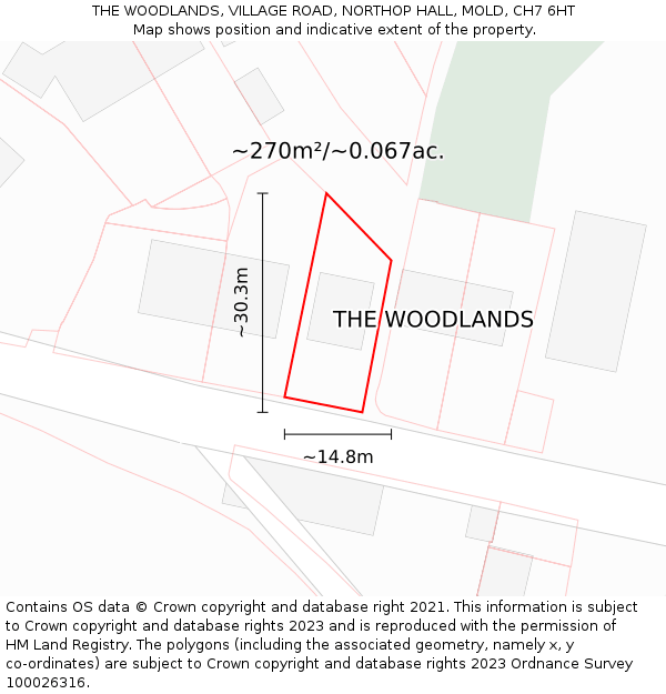 THE WOODLANDS, VILLAGE ROAD, NORTHOP HALL, MOLD, CH7 6HT: Plot and title map