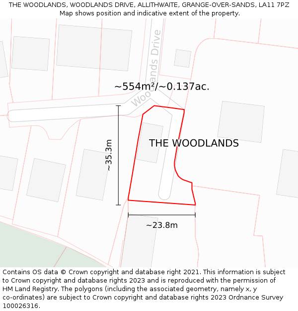 THE WOODLANDS, WOODLANDS DRIVE, ALLITHWAITE, GRANGE-OVER-SANDS, LA11 7PZ: Plot and title map