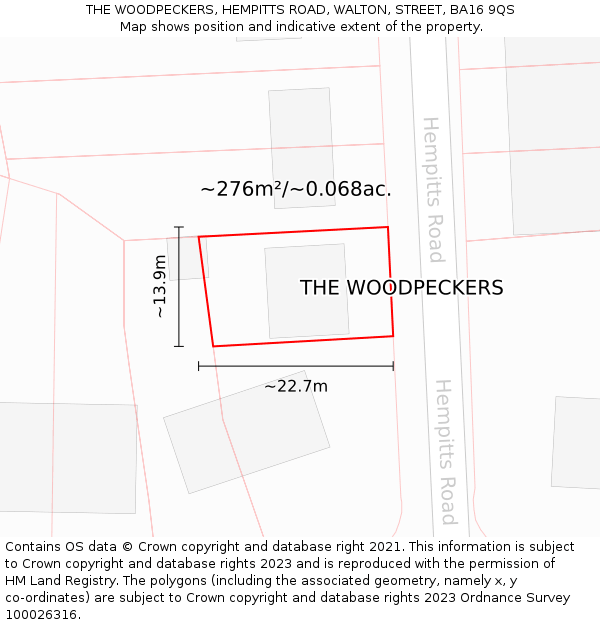 THE WOODPECKERS, HEMPITTS ROAD, WALTON, STREET, BA16 9QS: Plot and title map