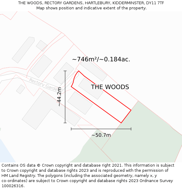 THE WOODS, RECTORY GARDENS, HARTLEBURY, KIDDERMINSTER, DY11 7TF: Plot and title map