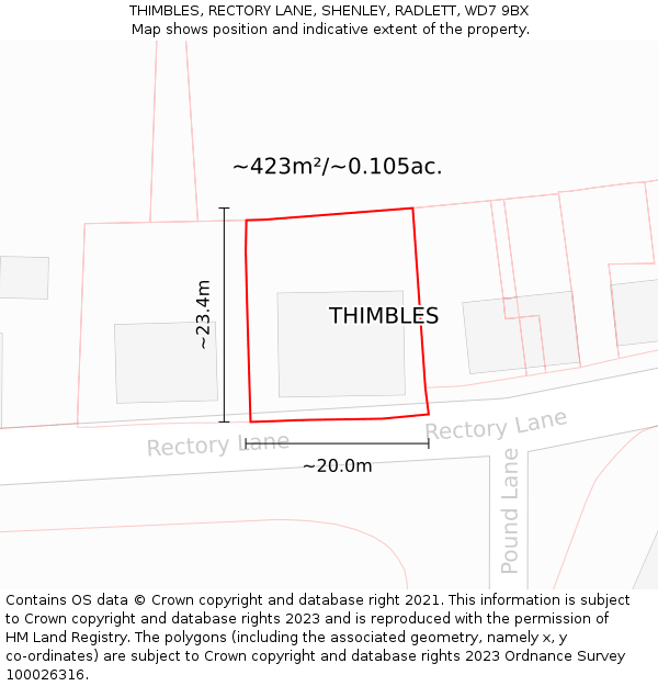 THIMBLES, RECTORY LANE, SHENLEY, RADLETT, WD7 9BX: Plot and title map