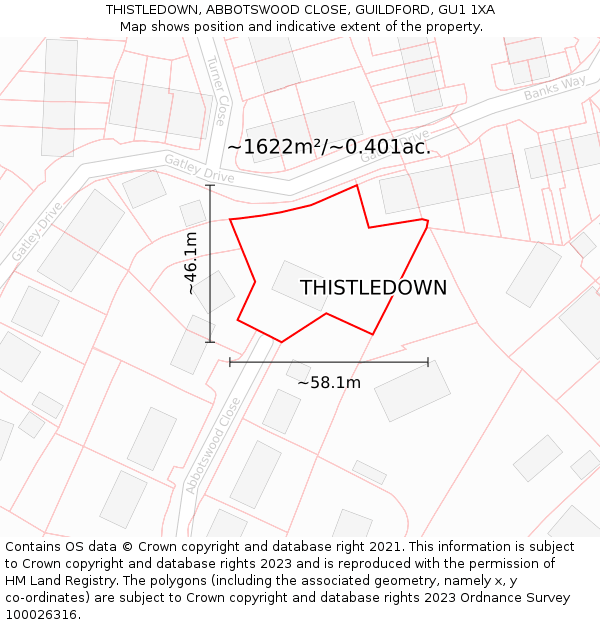 THISTLEDOWN, ABBOTSWOOD CLOSE, GUILDFORD, GU1 1XA: Plot and title map