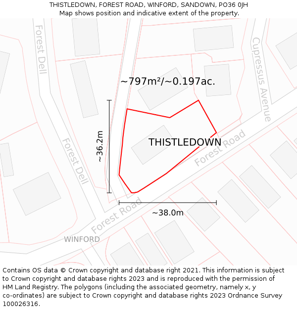 THISTLEDOWN, FOREST ROAD, WINFORD, SANDOWN, PO36 0JH: Plot and title map