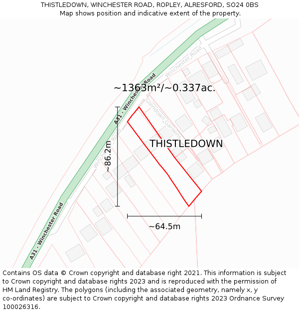 THISTLEDOWN, WINCHESTER ROAD, ROPLEY, ALRESFORD, SO24 0BS: Plot and title map