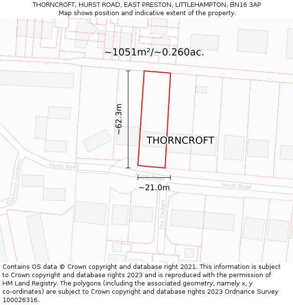 THORNCROFT, HURST ROAD, EAST PRESTON, LITTLEHAMPTON, BN16 3AP: Plot and title map