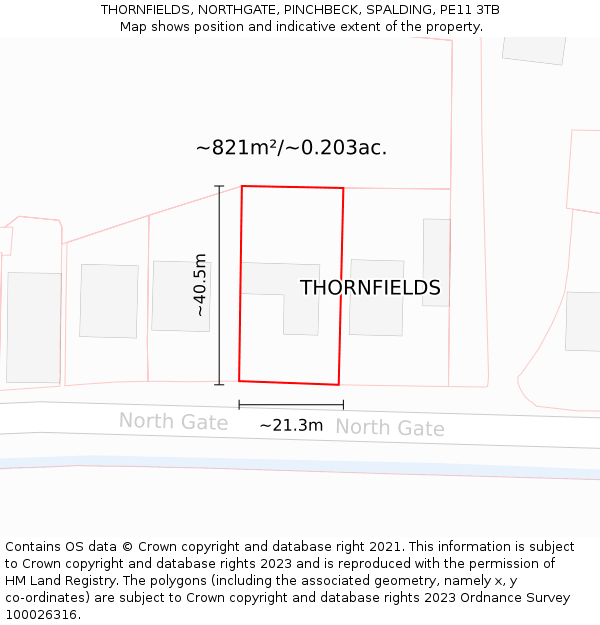 THORNFIELDS, NORTHGATE, PINCHBECK, SPALDING, PE11 3TB: Plot and title map