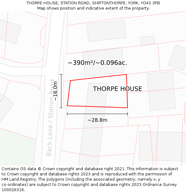 THORPE HOUSE, STATION ROAD, SHIPTONTHORPE, YORK, YO43 3PB: Plot and title map