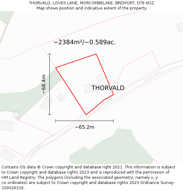 THORVALD, LOVES LANE, MORCOMBELAKE, BRIDPORT, DT6 6DZ: Plot and title map