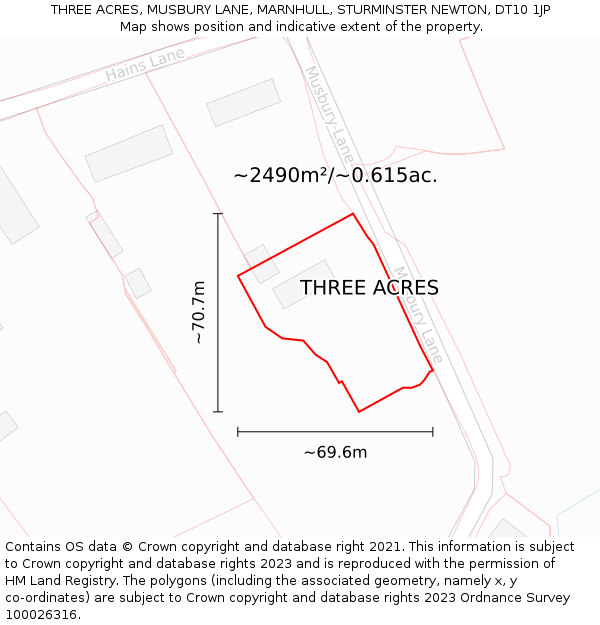 THREE ACRES, MUSBURY LANE, MARNHULL, STURMINSTER NEWTON, DT10 1JP: Plot and title map