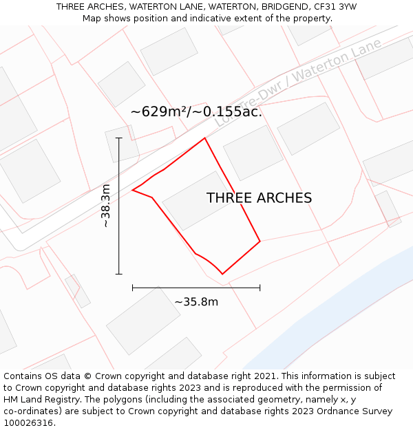 THREE ARCHES, WATERTON LANE, WATERTON, BRIDGEND, CF31 3YW: Plot and title map