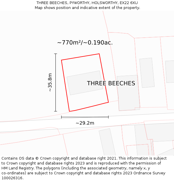 THREE BEECHES, PYWORTHY, HOLSWORTHY, EX22 6XU: Plot and title map