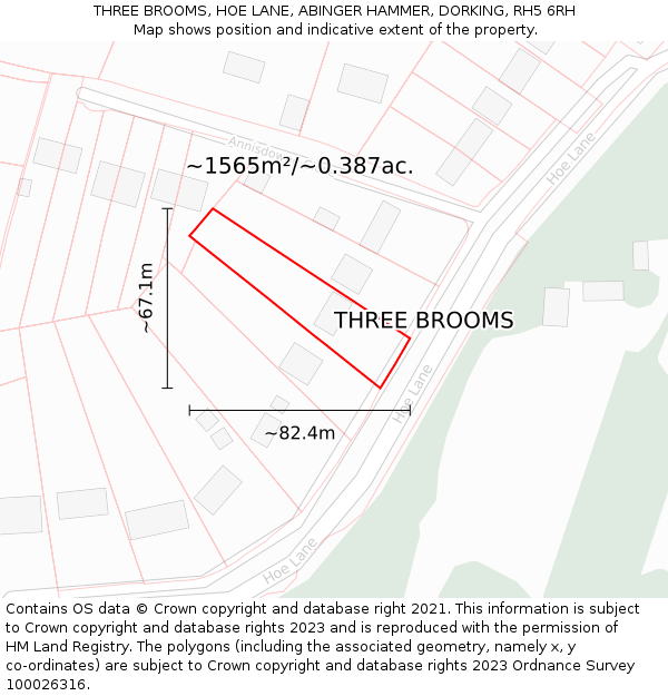 THREE BROOMS, HOE LANE, ABINGER HAMMER, DORKING, RH5 6RH: Plot and title map