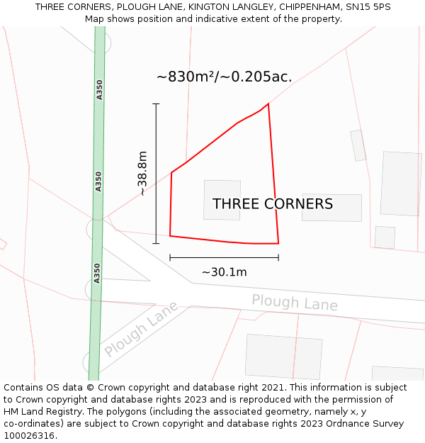 THREE CORNERS, PLOUGH LANE, KINGTON LANGLEY, CHIPPENHAM, SN15 5PS: Plot and title map