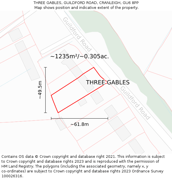 THREE GABLES, GUILDFORD ROAD, CRANLEIGH, GU6 8PP: Plot and title map