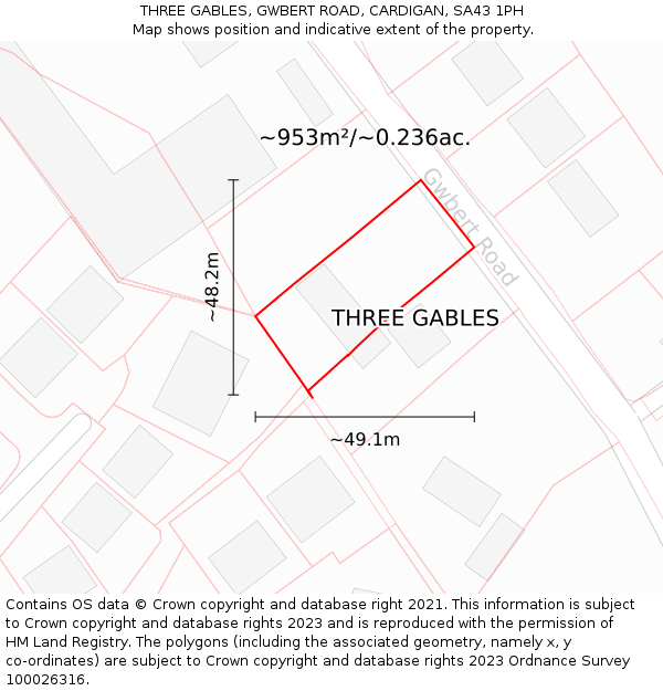 THREE GABLES, GWBERT ROAD, CARDIGAN, SA43 1PH: Plot and title map