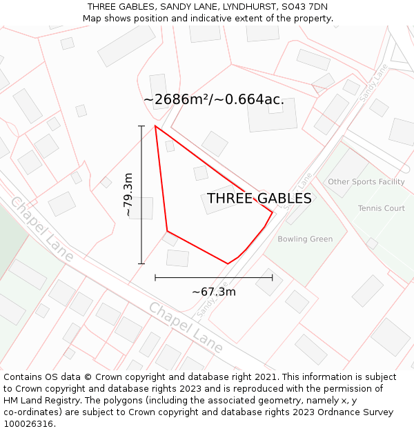THREE GABLES, SANDY LANE, LYNDHURST, SO43 7DN: Plot and title map