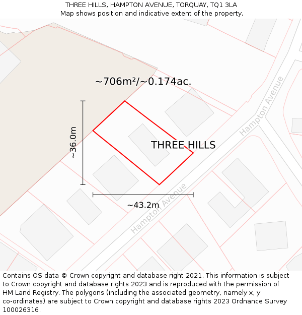 THREE HILLS, HAMPTON AVENUE, TORQUAY, TQ1 3LA: Plot and title map