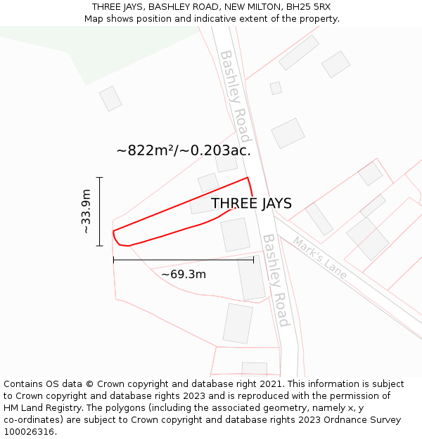 THREE JAYS, BASHLEY ROAD, NEW MILTON, BH25 5RX: Plot and title map