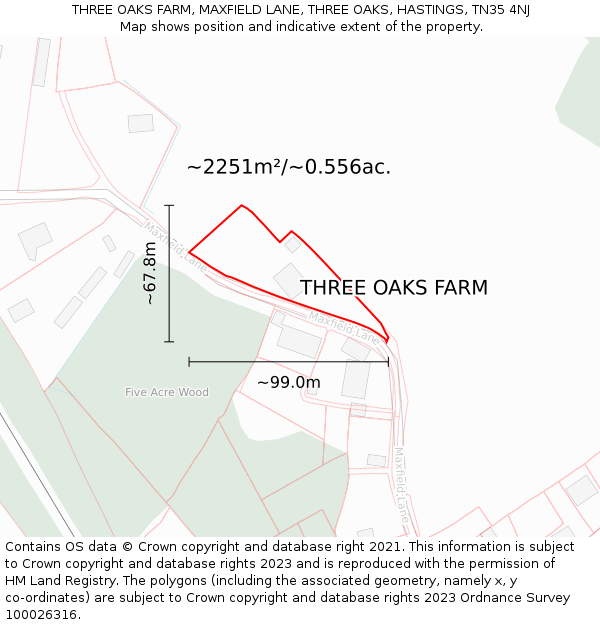 THREE OAKS FARM, MAXFIELD LANE, THREE OAKS, HASTINGS, TN35 4NJ: Plot and title map