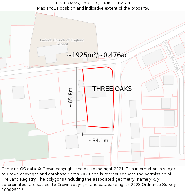THREE OAKS, LADOCK, TRURO, TR2 4PL: Plot and title map