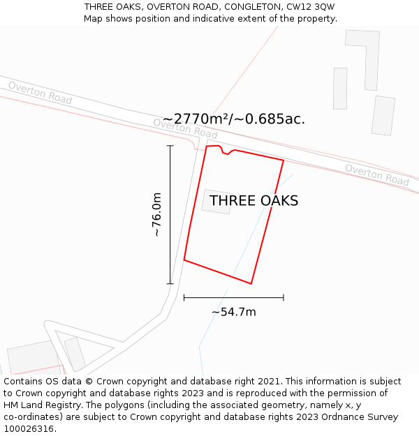 THREE OAKS, OVERTON ROAD, CONGLETON, CW12 3QW: Plot and title map