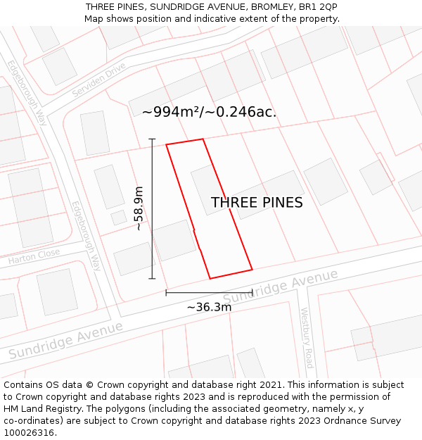 THREE PINES, SUNDRIDGE AVENUE, BROMLEY, BR1 2QP: Plot and title map