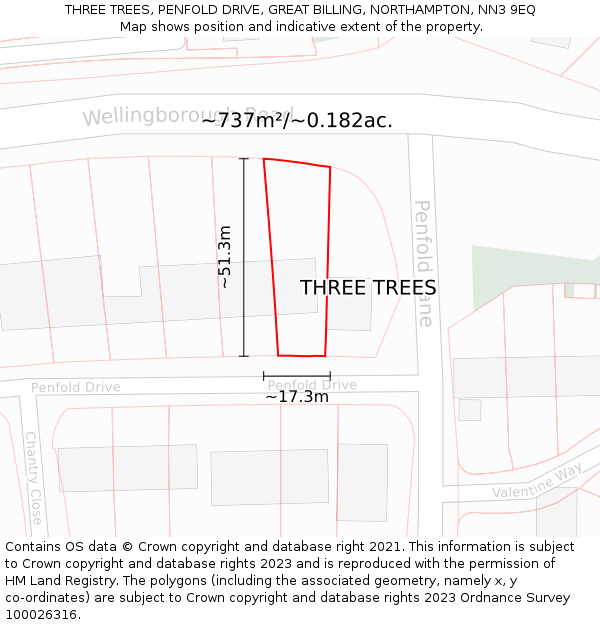 THREE TREES, PENFOLD DRIVE, GREAT BILLING, NORTHAMPTON, NN3 9EQ: Plot and title map